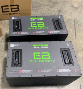 These are two new lithium Eco Batteries - one 160ah for my electric vehicle in Maine, and a smaller, skinnier 105ah battery version for the EV here at Bedford.