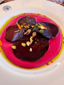 During lunch on the yacht Rebecca, we all enjoyed this beet carpaccio made with beet purée. It was excellent.