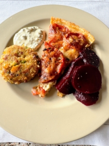 Here's one of the last lunches I made - tomato tart, crab cakes, and fresh beets from my garden served with tartar sauce. It was so, so good.