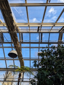 Most of the energy in this greenhouse comes from the sun through these giant windows, which can be programmed to open for ventilation or cooling when needed.