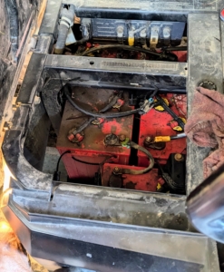 It takes eight lead-acid batteries to run this vehicle. They are located under the seats. The lead-acid battery is a type of rechargeable battery first invented in 1859 by French physicist Gaston Planté. Compared to more modern rechargeable batteries such as the lithium battery, lead-acid batteries have relatively low energy density.