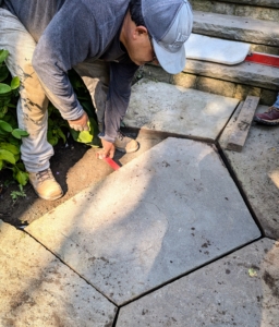 Here, a crowbar is used to help lower the paver and save the stonemason's fingers from getting pinched.