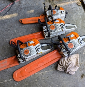 On the other side of the farm in my large Equipment Barn, Pasang is doing some maintenance to the STIHL chainsaws he uses. It is crucial to keep them in good condition so they work well and are safe to use. STIHL’s most well-known tool is the chainsaw. STIHL designed and built its first electric chain saw in 1926 and 94 years later, it is still one of its best pieces of equipment. We use both gas-powered and battery-powered chainsaws.