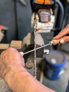 Pasang positions the file at about a 30-degree angle to the chainsaw teeth and holds it at about a 90-degree angle to the bar. He applies pressure as he files away from the teeth – two or three strokes per tooth. He does this for every tooth in one direction and then in the other, all the way around.