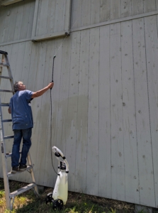 Here's Fernando prepping my "Run-In" shed for painting. Before it is painted, it must first be thoroughly power washed and cleaned of any debris and mildew.