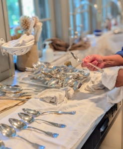 One by one, the polished dry pieces are placed on the counter ready to be returned to their designated drawer. Try to make time to use precious silver when entertaining – regular use is the best way to prevent tarnish from forming. If you have a large collection like I do, try to rotate the pieces, so everything gets some use during the course of the year.