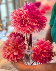 When arranging, always strip off all the leaves that would be below the water line in the vase. This is true for all flower arrangements, not just dahlias. When leaves stay underwater, they decay and release bacteria that shorten the vase life of the flowers.