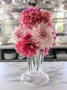 These dahlias are on my kitchen counter, which like yours is the hub of my home, where I often take calls, have meetings, and gather with guests – everyone can enjoy them as soon as they come inside.