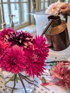 Here is a vase filled with all dark burgundy pink dahlias – so many different kinds of dahlias and every one of them pretty.