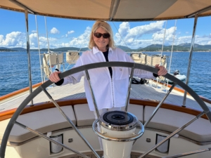 I also road aboard the sailing yacht, Rebecca. Here I am at the helm, the steering station of this gorgeous vessel.