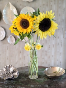 All finished, this sunflower arrangement is displayed on a side table in my sitting room just off my servery.