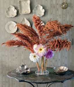 Inside my Winter House, I decorated the rooms using flowers grown right here at the farm. These are amaranth and dahlia blooms.