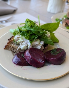 Each plate included a side of beets garnished with dill, also from my garden.