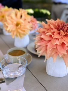 I served a light and refreshing chicken soup in tea cups and saucers. My soup includes freshly picked vegetables, and pasta.