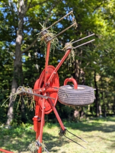 The next day, the cut hay is ready for tedding, also known as fluffing. This is our hay tedder. A tedder spreads and fluffs the hay in a uniform swath. It uses a rotary motion to grab the hay with spinning tines that cast it out the back of the machine.