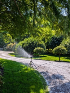 Mornings are the best times to water – when water pressure is high, evaporation is low, and the soil can absorb the water before the sun heats up the ground. The distance and spray patterns of these tripod sprinklers can also be adjusted to suit so many garden needs.