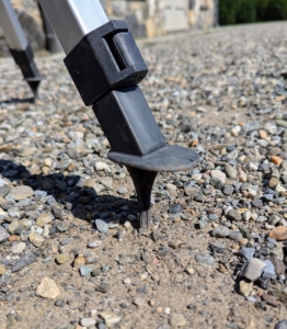 And each of the legs is also adjustable. Here is one of the three spiked feet of the tripod sprinkler which provide lots of stability on varied surfaces.