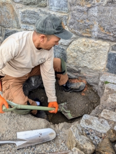 Here is my outdoor grounds crew foreman, Chhiring Sherpa, digging the hole and removing the cobblestones. Chhiring has been working here at the farm for nearly 25-years and remembers when these pavers were originally laid.