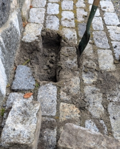 The first step is to remove the cobblestone pavers as carefully as possible, one by one.