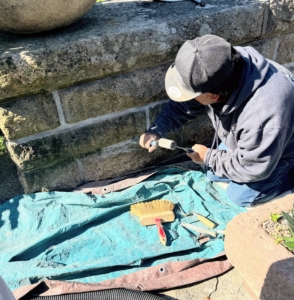 Alfonso evaluates the joints and decides where he needs to make repairs. Any loose mortar and debris are removed. This is an important step because if any deteriorating mortar is left, the new mortar may not bond properly.