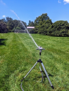 This tripod sprinkler is in my soccer field. The adjustable tripod can reach a height of 58-inches and can water everything from above. Once the watering in one area is done, it’s extremely important to turn off the water at the source. Just turning off at the sprinkler puts a lot of pressure on the hoses and pipes.