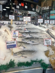 I visited the Pike Place fish guys who always have the freshest seafood options, such as halibut, king salmon, and rainbow trout.