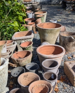 I am fortunate to have such a large assortment of pots. These were left over from a recent shoot and will come in very handy. I like to use clay pots because they allow proper aeration and moisture to penetrate through the sides and to the plant.