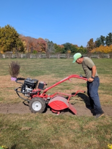 And then Phurba follows with our Troy-Bilt Pony Rear-Tine Tiller. Rototilling is one method of turning up the soil before planting. All the plants and trees do very well here at the farm, in part because of the excellent soil. I have worked very hard to ensure my soil is constantly amended and rich with nutrients. If you are unsure of your soil’s quality, have it tested. Kits are available at garden shops, online, and through your area’s cooperative extensions.