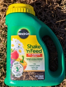 I use Miracle-Gro Shake 'n Feed, an all-purpose food that is specially formulated to help grow stronger, vibrant, and more productive plants. It contains vital micronutrients, plus added natural ingredients, to nourish above and below the soil.