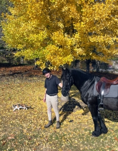 Here's Cinco saying hi to Juan and my handsome Friesian, Geert.