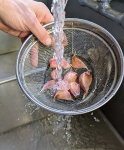 The cloves are all left to soak in the baking soda and fish emulsion mixture for at least 30-minutes or up to overnight. Then they are drained and rinsed thoroughly before drying.