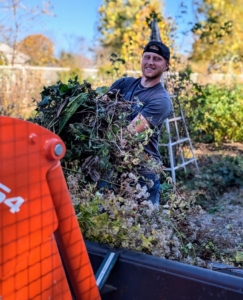 All the debris from the garden is loaded onto the tractor and hauled to our compost pile.