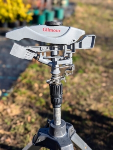 When ready to use, the collar of these tripod sprinklers can be adjusted for partial to full circle coverage. A pin diffuser allows for a customized spray from powerful jet to gentle mist. I show every member of my crew how to use the sprinkler, so they can water properly and efficiently.