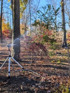 Mornings are the best times to water – when water pressure is high, evaporation is low, and the soil can absorb the water before the sun heats up the ground. I have used Gilmour products for a long time. The height, distance, and spray patterns of these tripod sprinklers can be adjusted to suit so many garden needs.