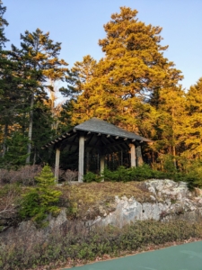 This gazebo overlooks my tennis court. In summer, I set chairs and refreshments there for any players and their spectators.