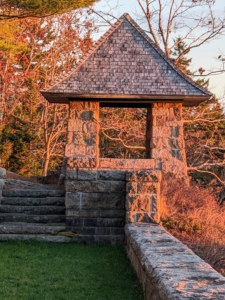 This photo shows the charming Ox Ledge gazebo next to the Overlook garden.