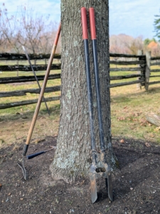 One of the tools used is this post hole digger on the right – this tool is available at any hardware store. A post hole digger is also known as a clamshell digger, because of its resemblance to the seaside shell.