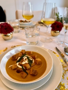 Chloe made a butternut squash soup inspired by one of the most popular new items on the menu at my restaurant The Bedford by Martha Stewart in Las Vegas. Chloe’s version features drizzles of brown butter and crème fraiche, crispy sage, and toasted brioche croutons.