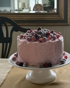 This is a brown sugar layer cake with cranberry buttercream topped with sugared cranberries. Ryan's sister, Lynnette, requested it.