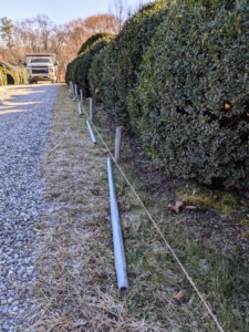 To start, pieces are placed along the allée in a production line process. A long piece of twine is used to ensure ground pipes are positioned straight along each side of the allée.