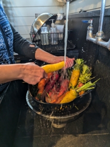 Elvira washes all the soil off the carrots - a good rinse is all these need.