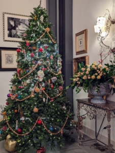 Sasha's Barn House was wonderfully decorated. in this corner, a holiday tree.