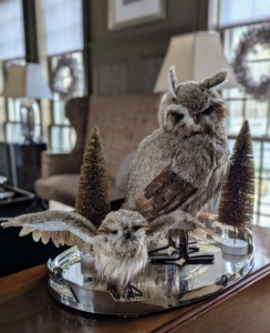 Charming woodland owls sit on this table near the door. I like to include a mix of old favorites as well as new.