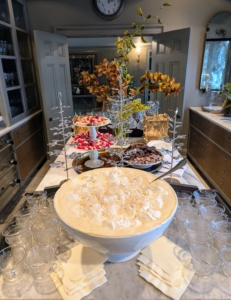 I planned the gathering for 3 o'clock in the afternoon. Everything was ready just in time. Here is my famous egg nog, freshly made and positioned right at the end of the counter in my servery for easy access. It became a very popular spot to gather.