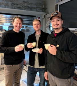 Holding their cups of egg nog are my operations manager, Matt Krack, and my gardeners, Josh Casali and Matthew Orrego.