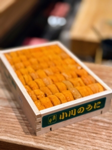 Here Chef Masa shows us all a box full of sea urchins, or uni, from Hokkaido, Japan.