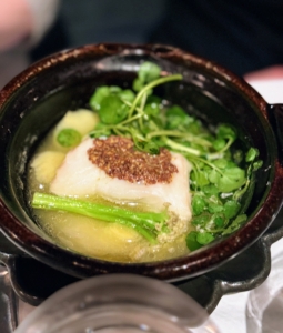 Cabillaud à La Moutarde en Cocotte is steamed cod in donabe, grain mustard, leeks and potatoes. Everything was so flavorful.