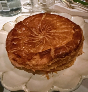 We also had this Galette de rois, a pastry offered only in January. It is made with two circles of homemade puff pastry sandwiching a frangipani filling.