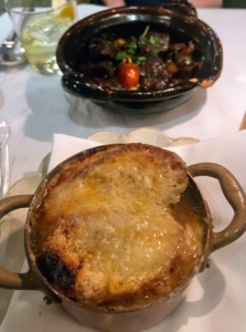 At least one of us had to try the French Onion Soup, Soupe á L'oignon - this one made with vegetarian broth, gruyère, baguette crouton, and cognac.