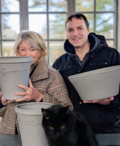 Ben Wolff drove down from Goshen, Connecticut in Litchfield County to deliver a batch of beautiful gray pots. Here we are in my head house putting them all on the table. Ben's pots are his own designs. He uses different clays, glazes and finishes making them different from his father's.